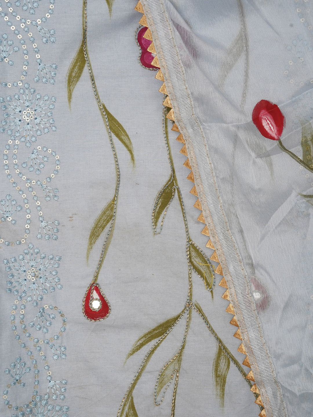 Grey Handpainted Embroidered Dress Material with Dupatta