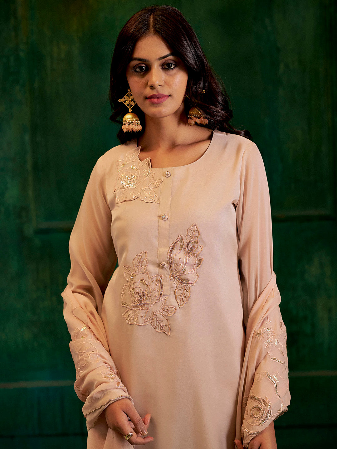 Beige Hand Embroidered Festive Kurta Set With Dupatta