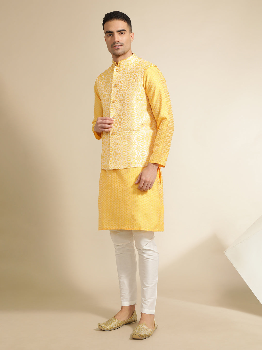 Yellow Silk Blend Kurta With Woven Design Nehru Jacket Set