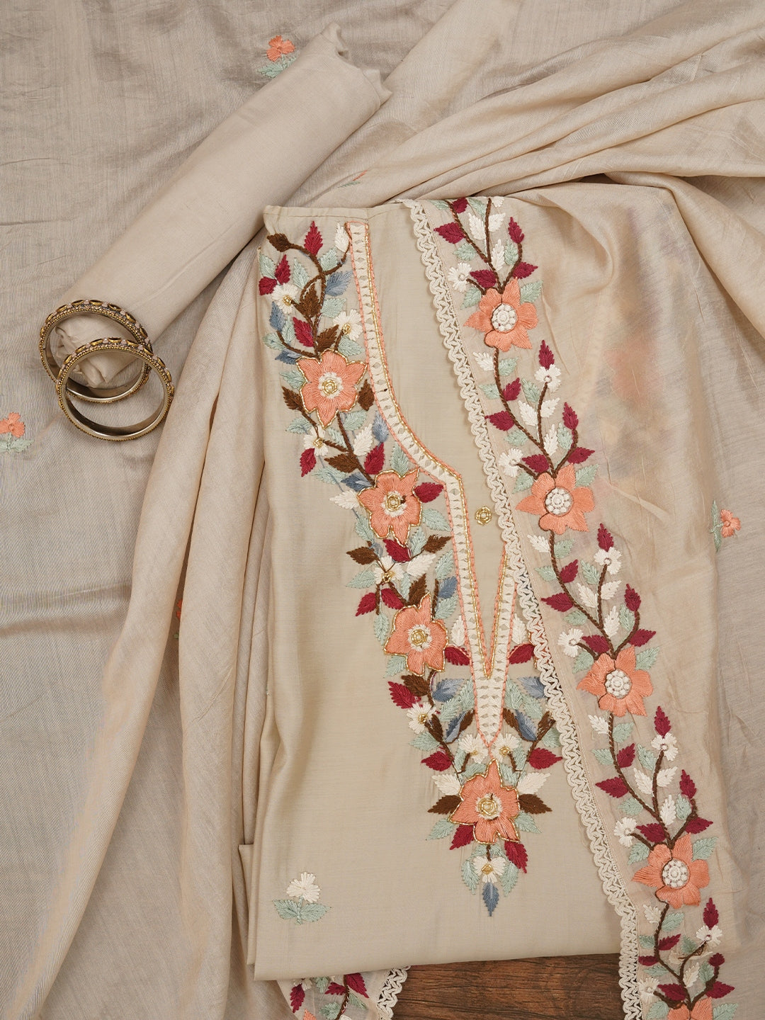 Cream Pure Silk Lucknowi Embroidered Dress Material with Dupatta