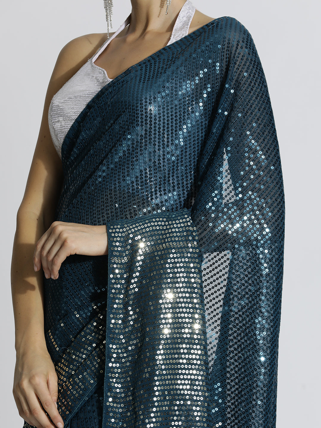 Morpich Sequin Embroidered Party Wear Tissue Saree