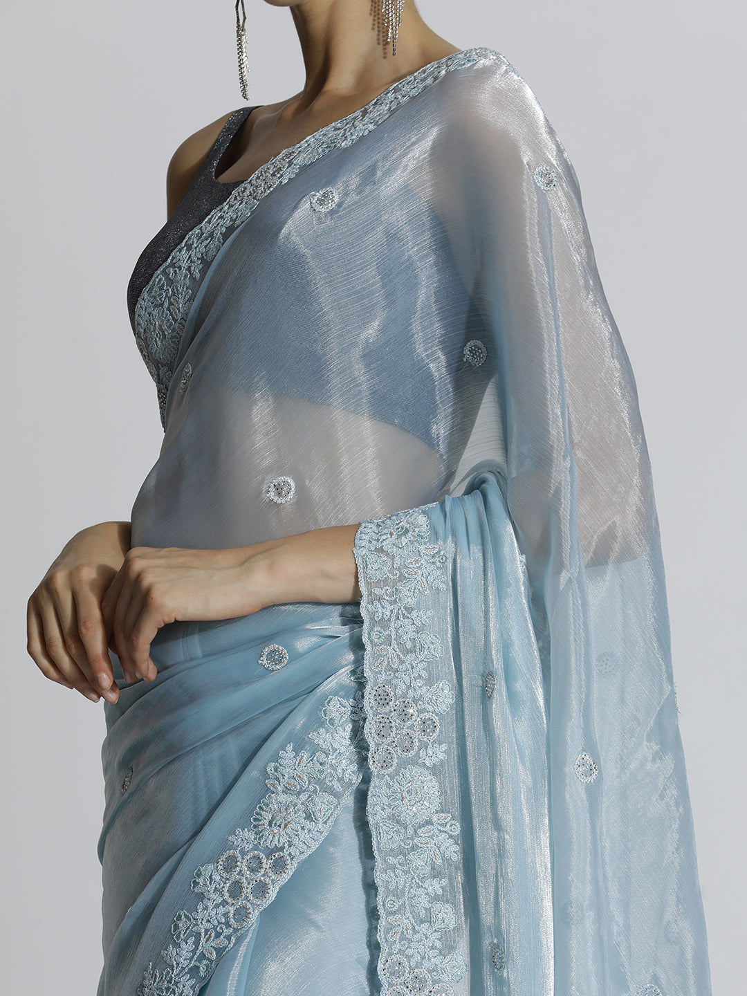 Party Wear Embroidered Tissue Blue Saree