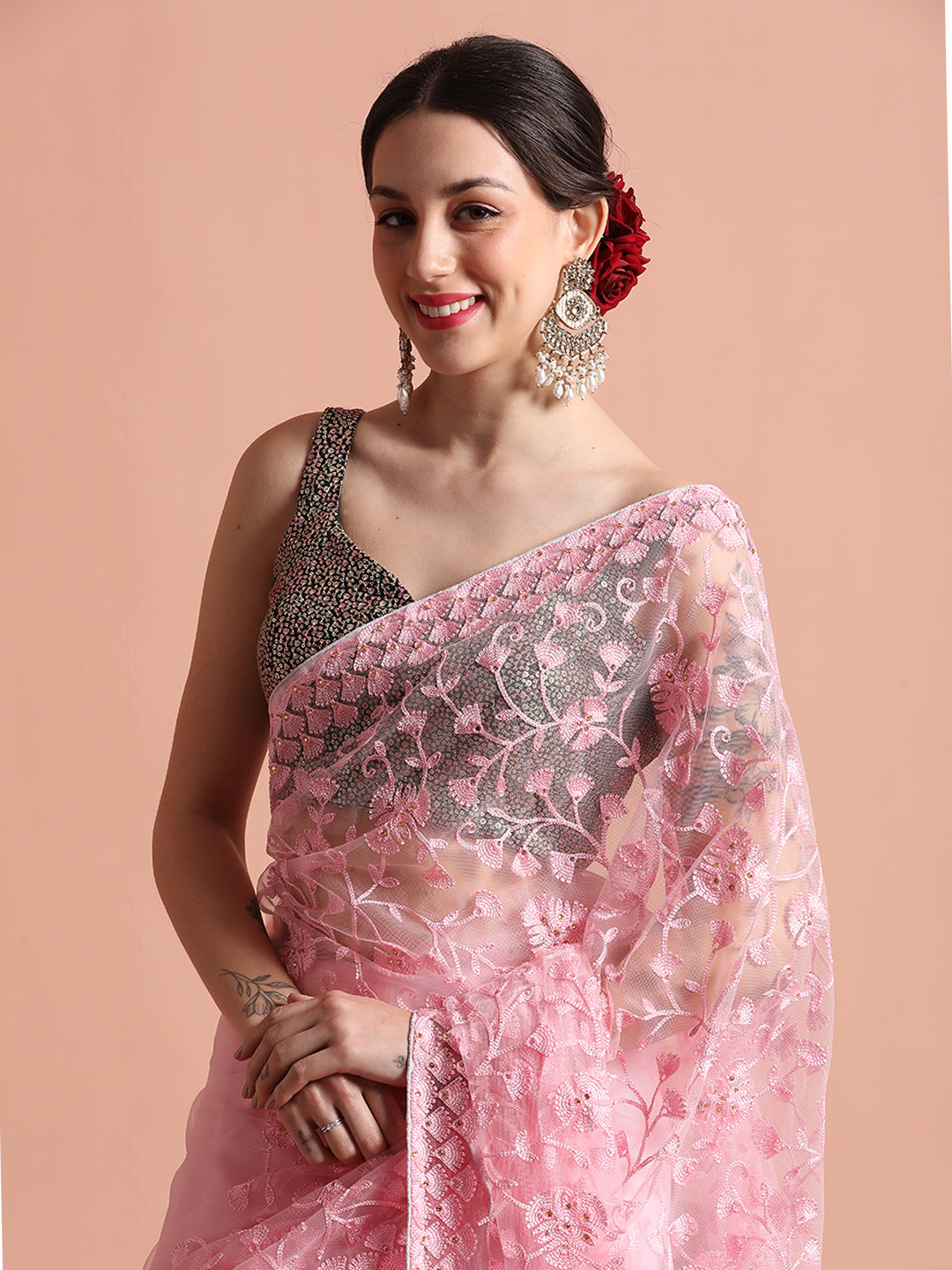 Baby Pink Party Wear Floral Embroidered Net Saree