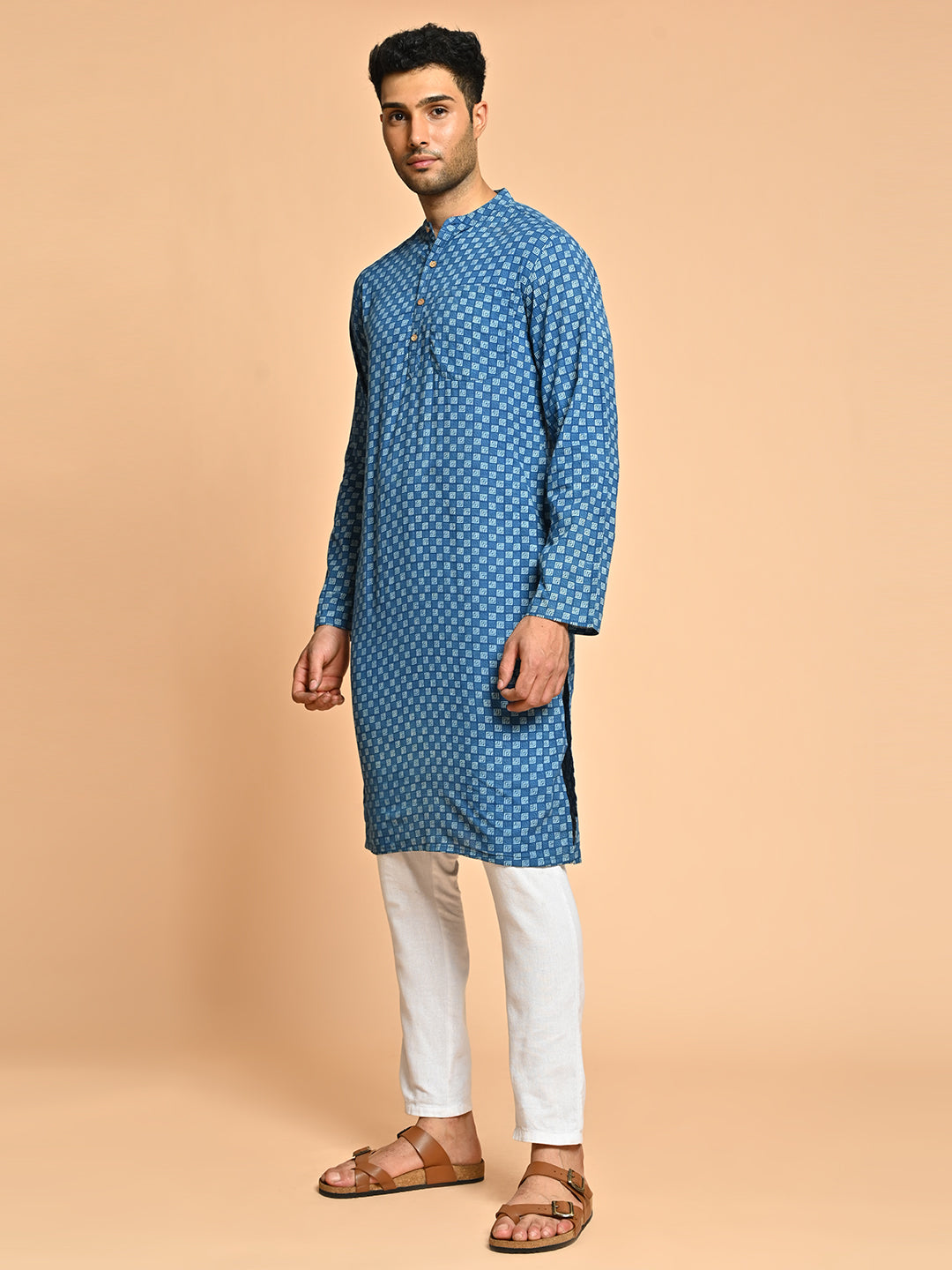 Ethnic Block Printed Cotton Blue Short Kurta