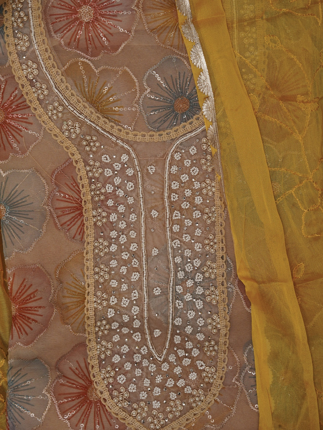 Beige Floral Sequin Embroidered Organza Dress Material with Dupatta