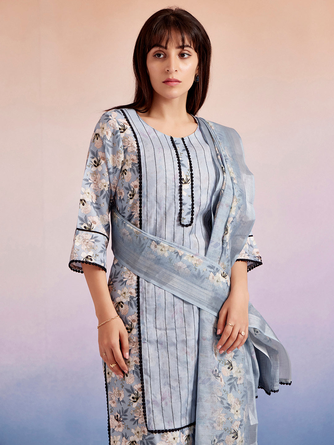 Blue Floral Printed Kurta Set With Dupatta