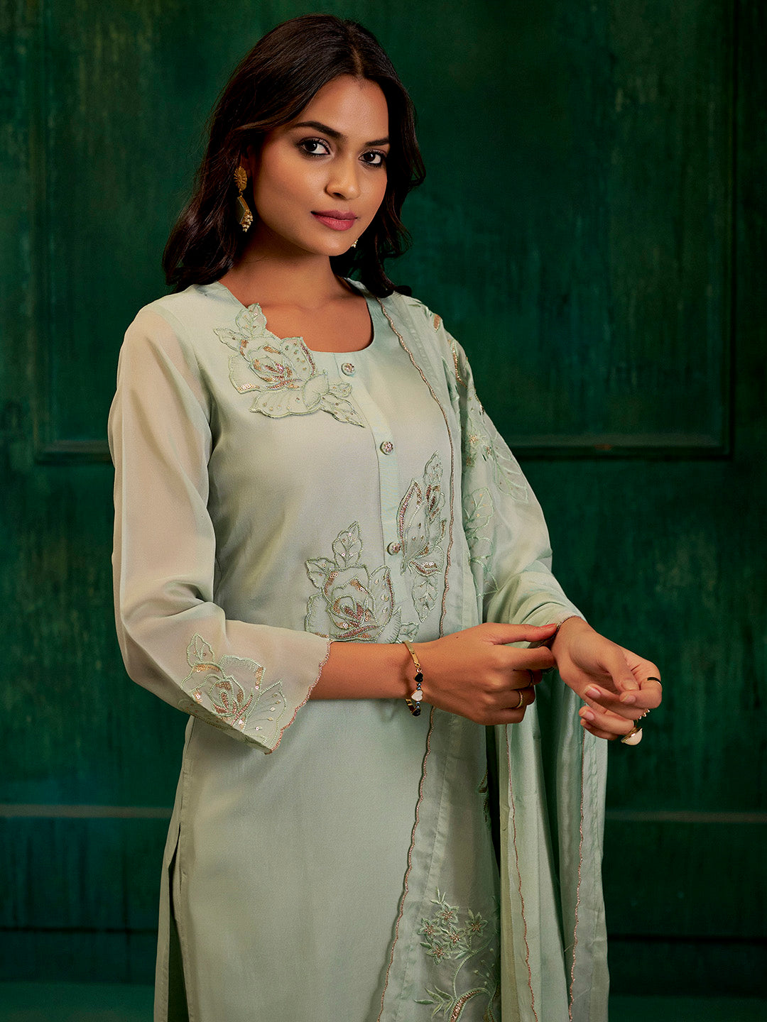 Mint Green Hand Embroidered Festive Kurta Set With Dupatta