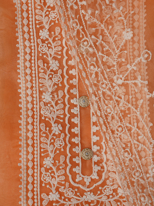 Unstitched Orange Embroidered Organza Dress Material With Dupatta