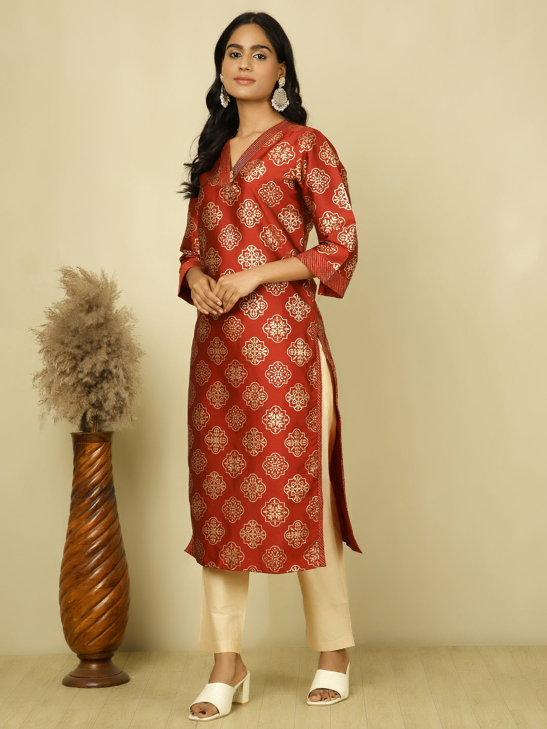 Red Ethnic Printed Straight Kurta