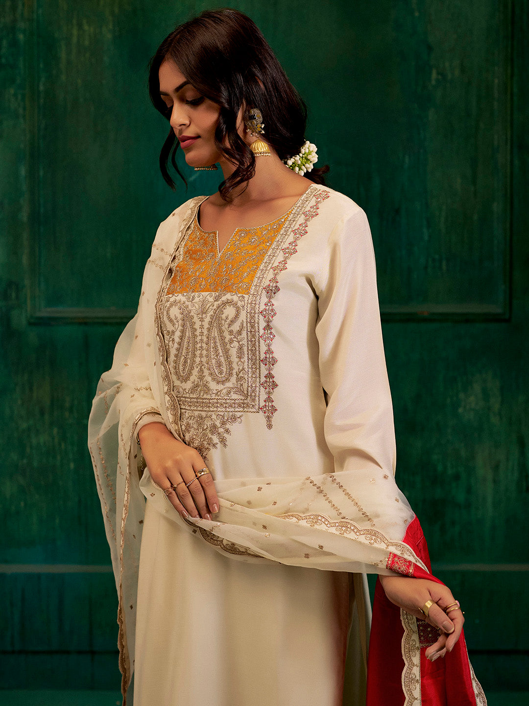 Cream & Mustard Zardozi Embroidered Festive Kurta Set With Dupatta