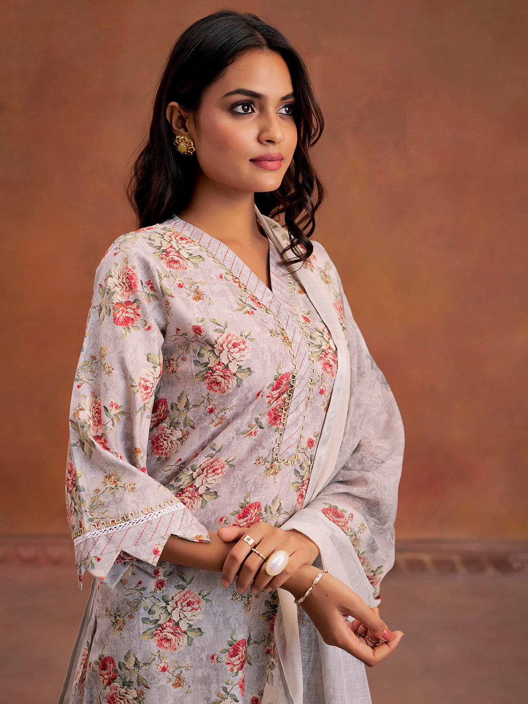 Grey Embellished Floral Printed Festive Kurta Set With Dupatta