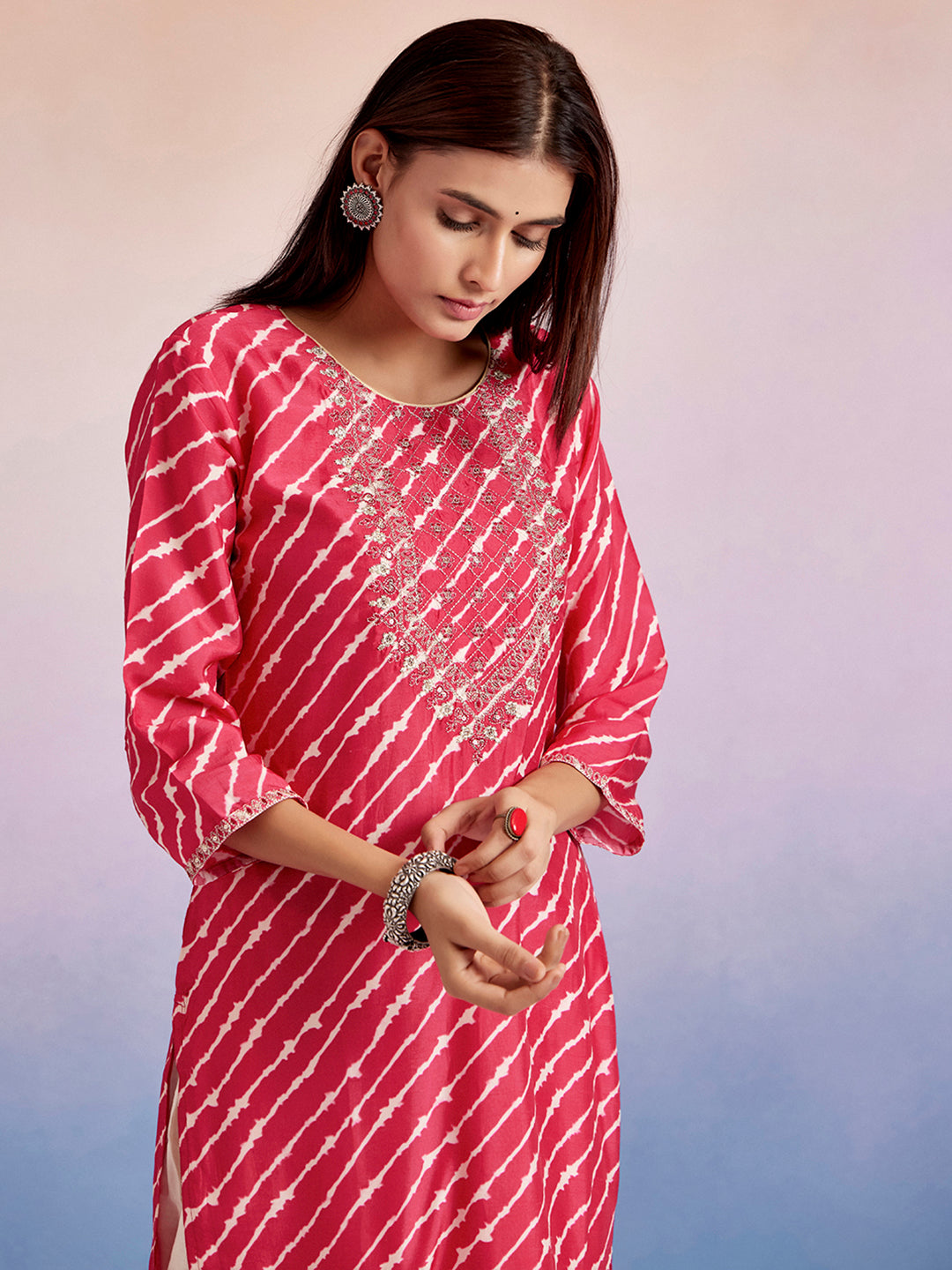 Fuchsia Embroidered Leheriya Kurta With Dhoti