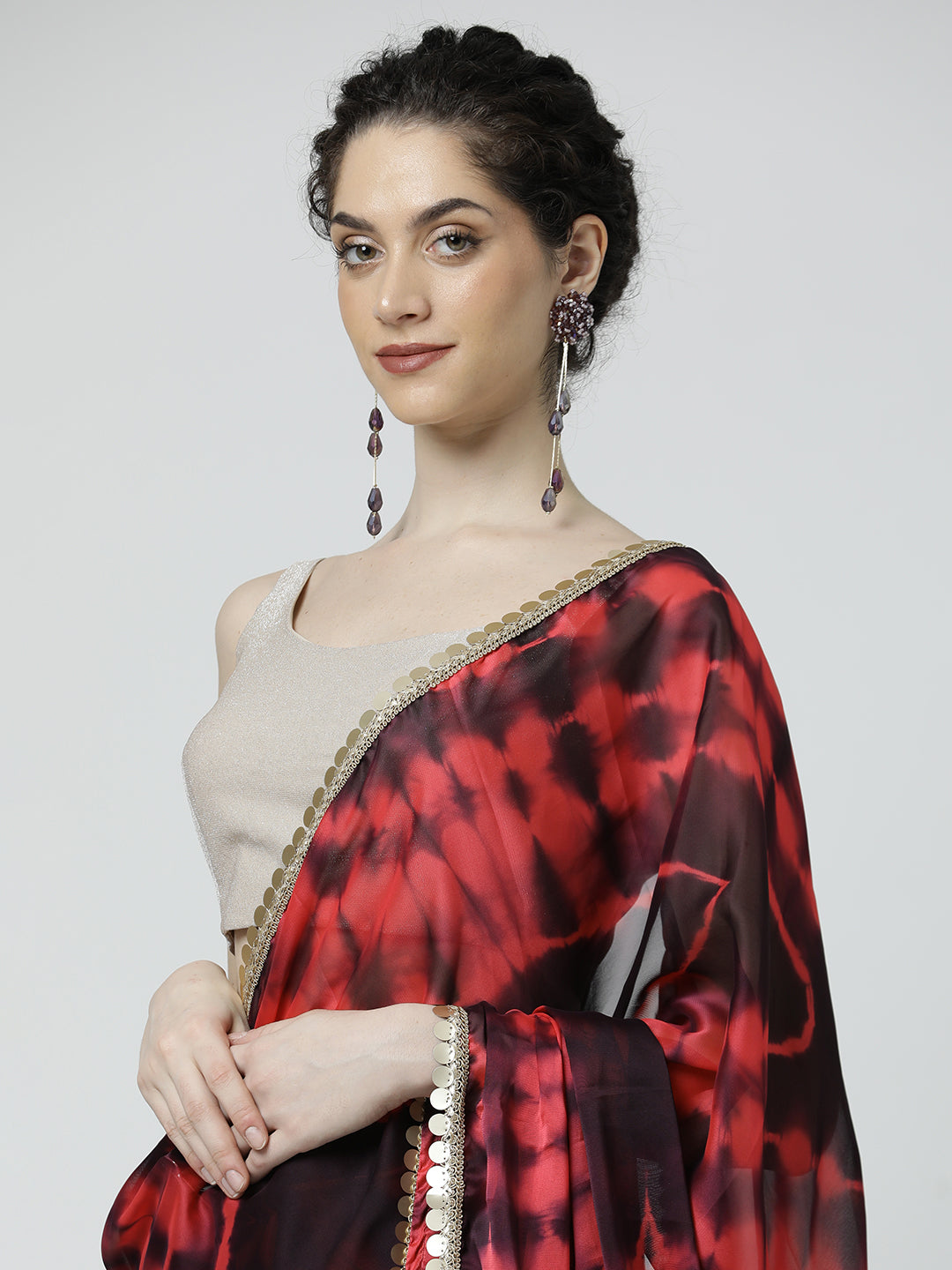 Brown Embellished Satin Tie-Dye Saree