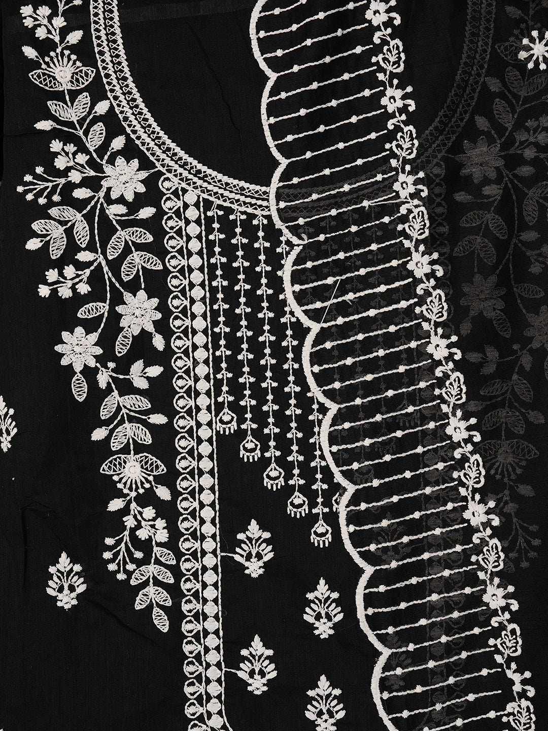 Unstitched Embroidered Cotton Blend Black Dress Material With Dupatta