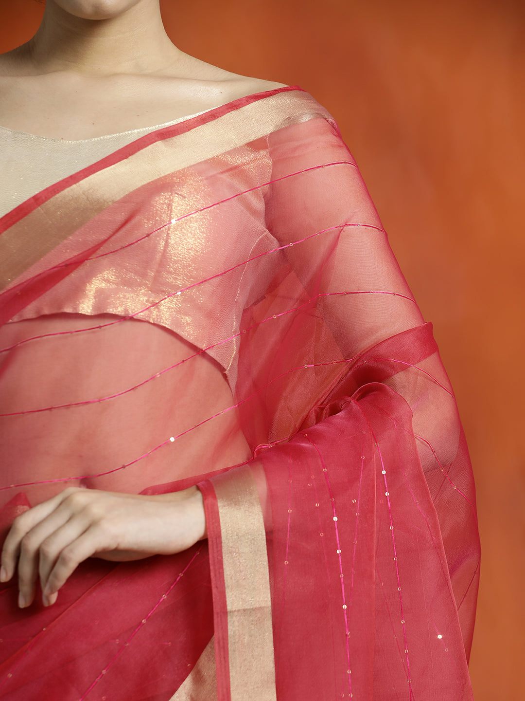 Pink Sequin Embellished Banarasi Organza Saree