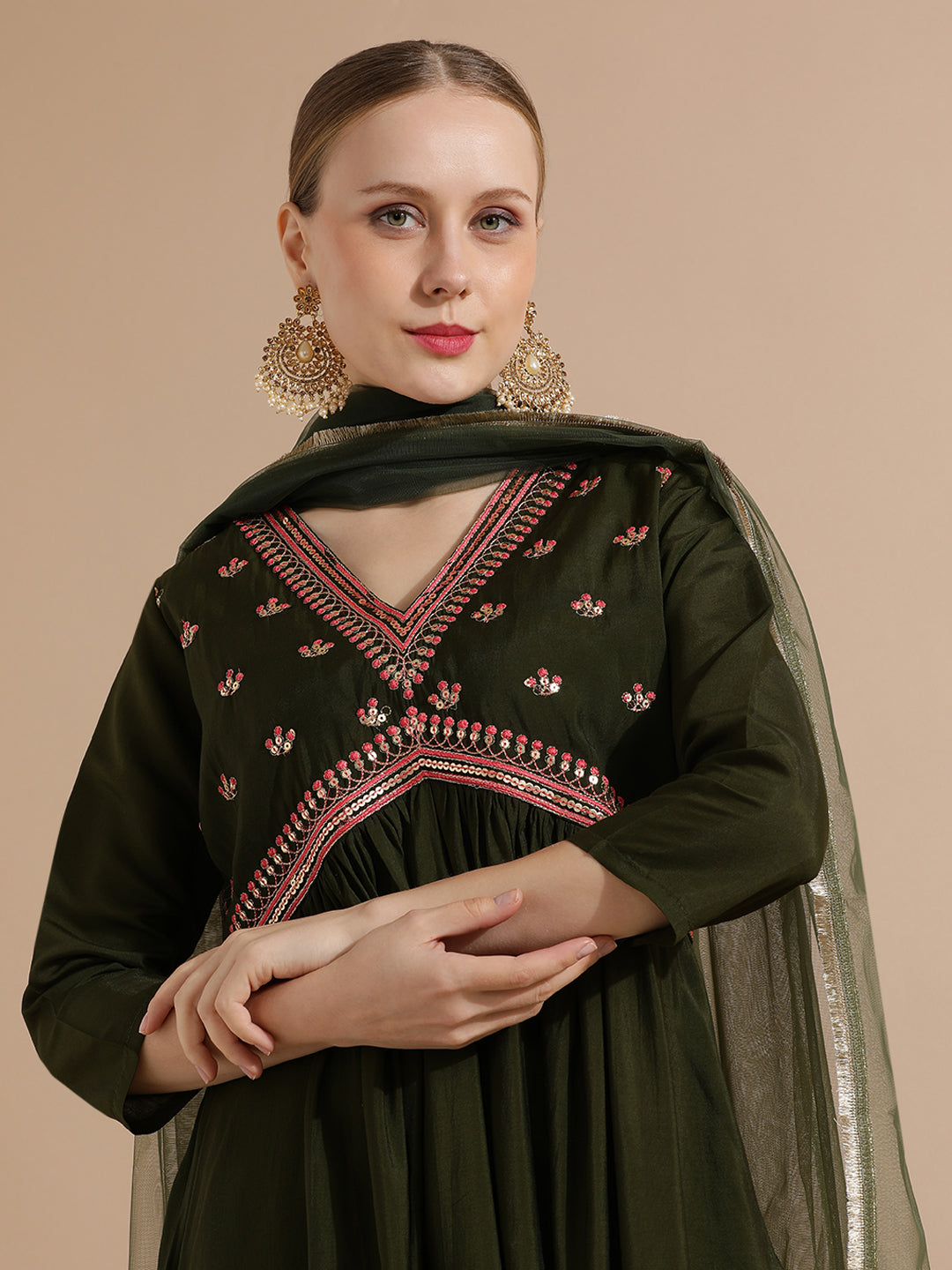 Green Festive Embroidered A-Line Kurta Set With Dupatta