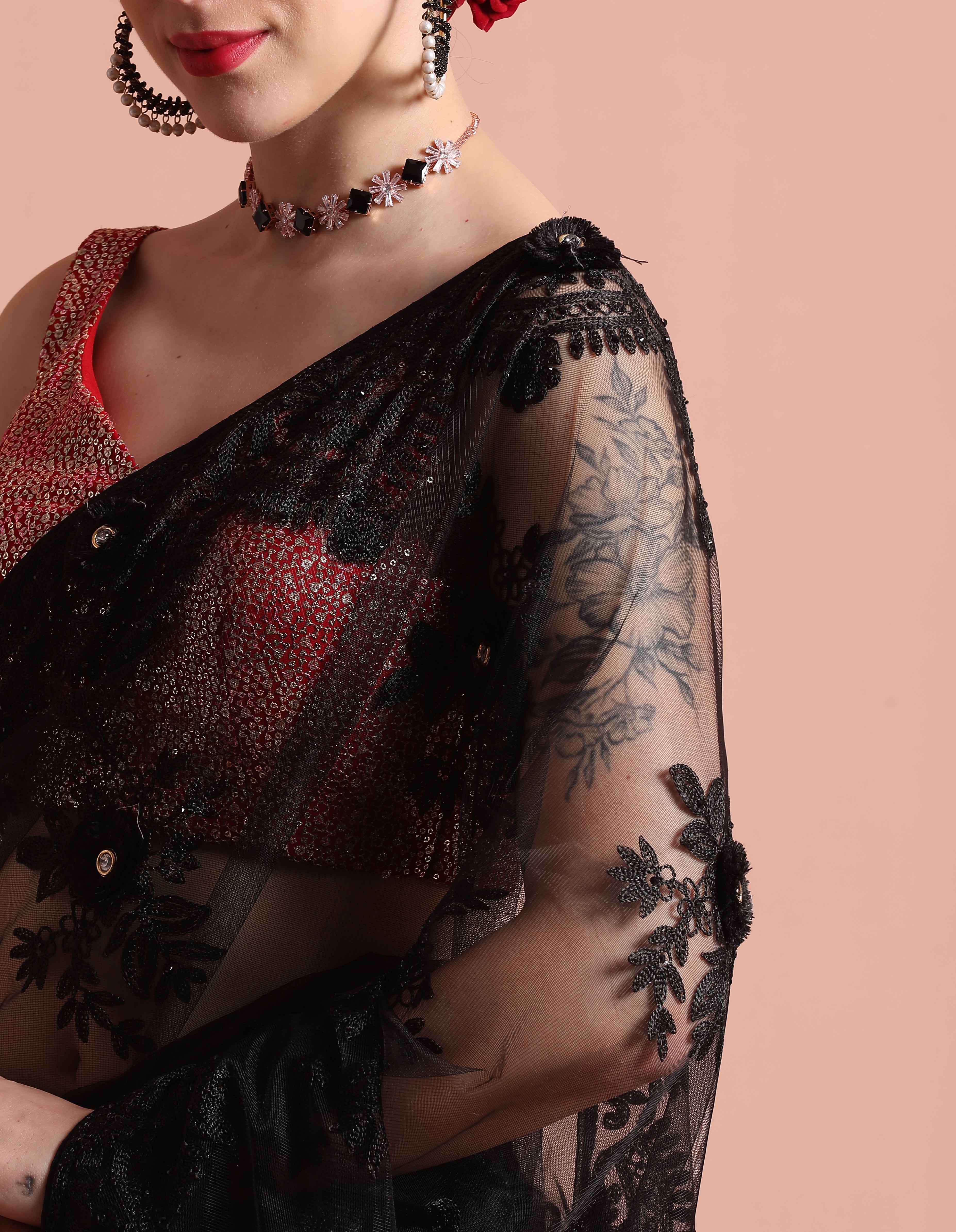 Embroidered Net Party Wear Black Saree