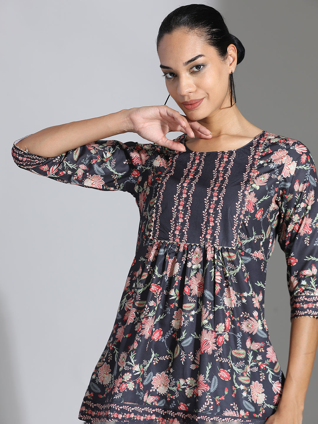 Black Floral Printed Chinon Peplum Top