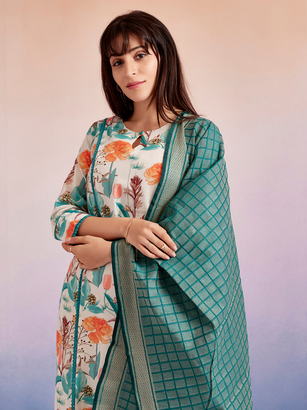 Turquoise Floral Cotton Straight Kurta Set With Dupatta