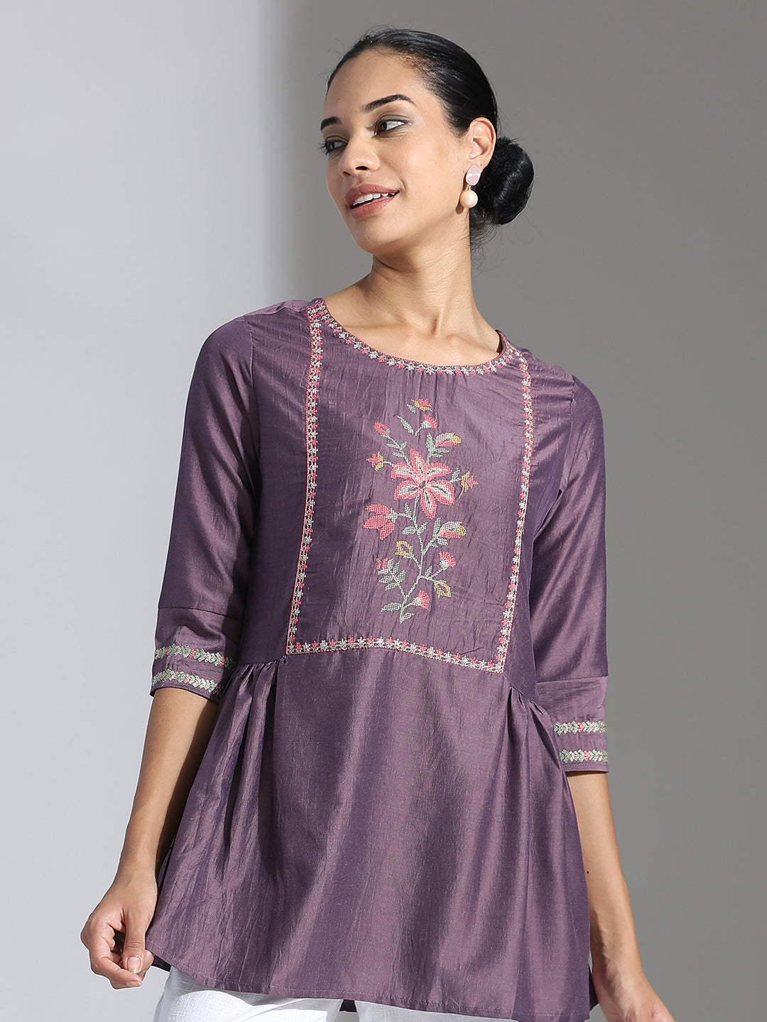 Purple Embroidered Party Wear Peplum Top