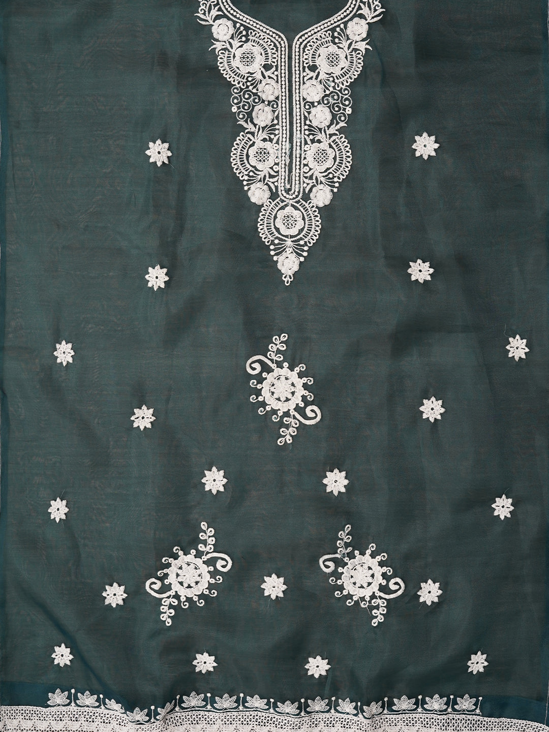 Teal Thread Embroidered Organza Dress Material with Dupatta