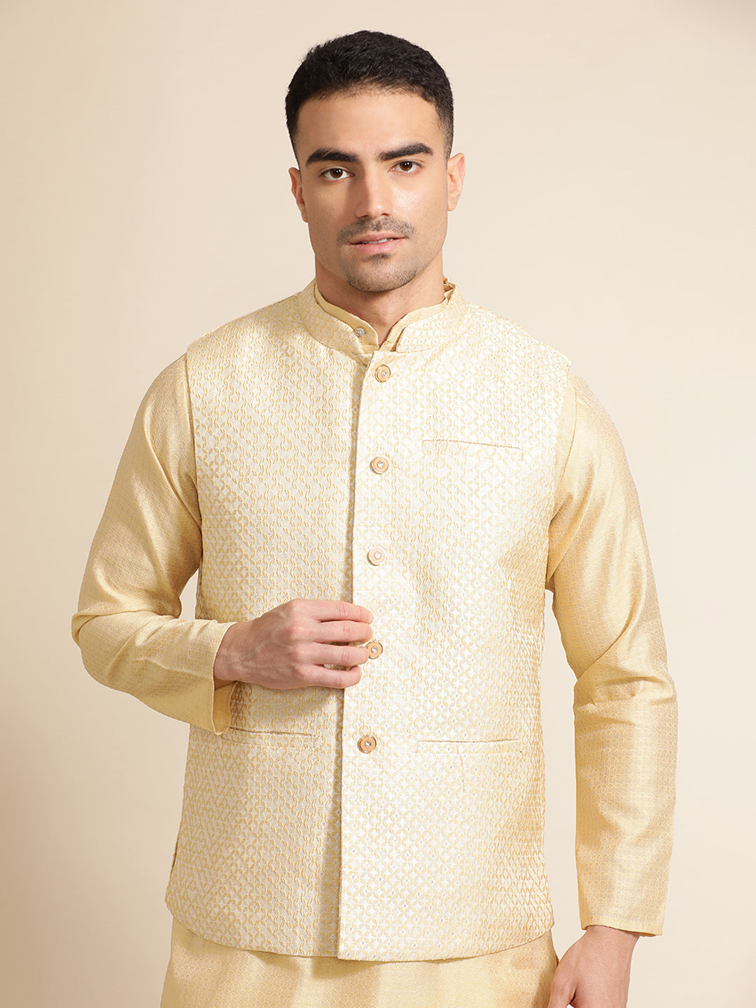 Silk Blend Beige Kurta With Woven Design Nehru Jacket Set