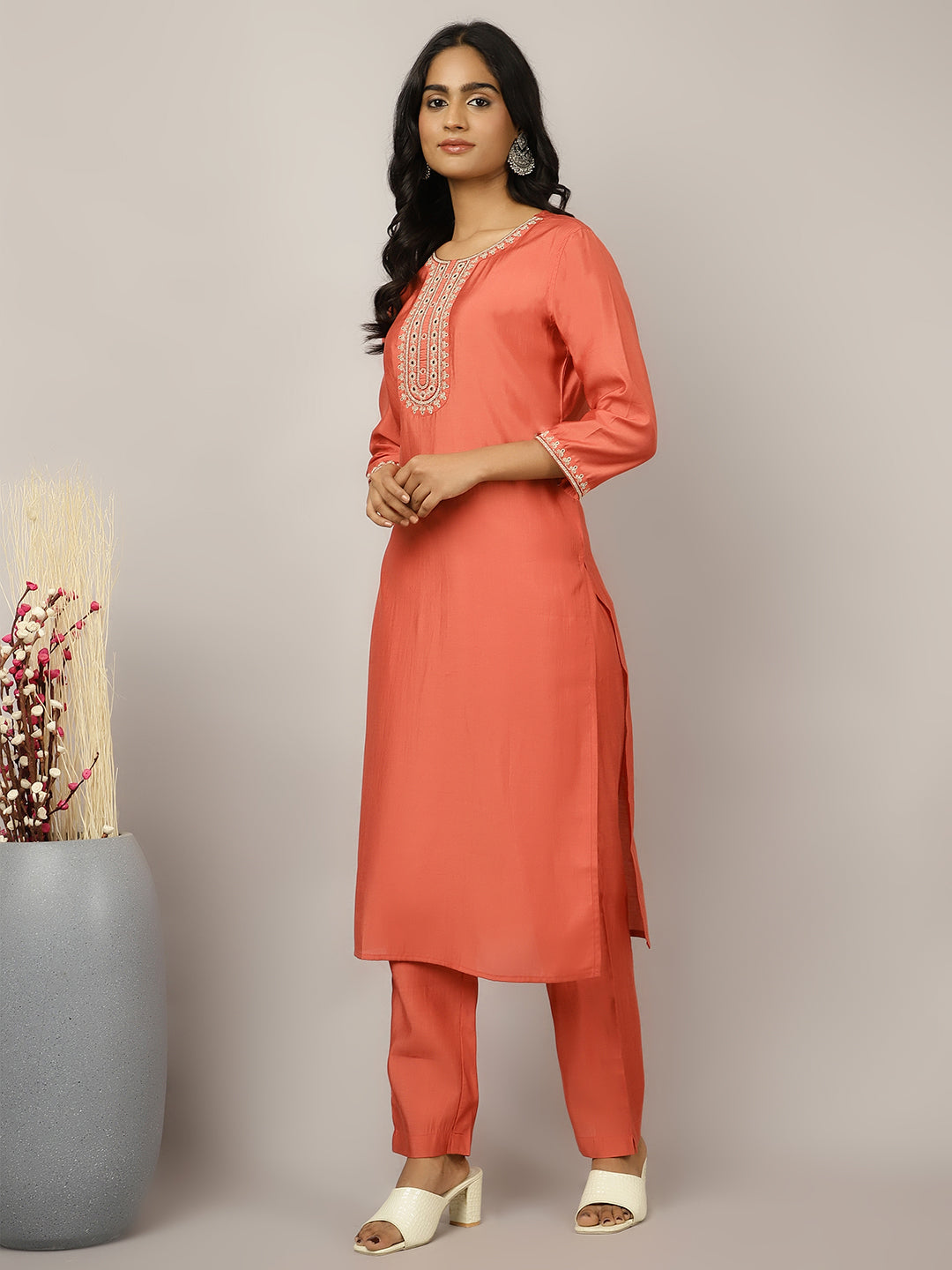 Silk Blend Coral Embroidered Suit Set