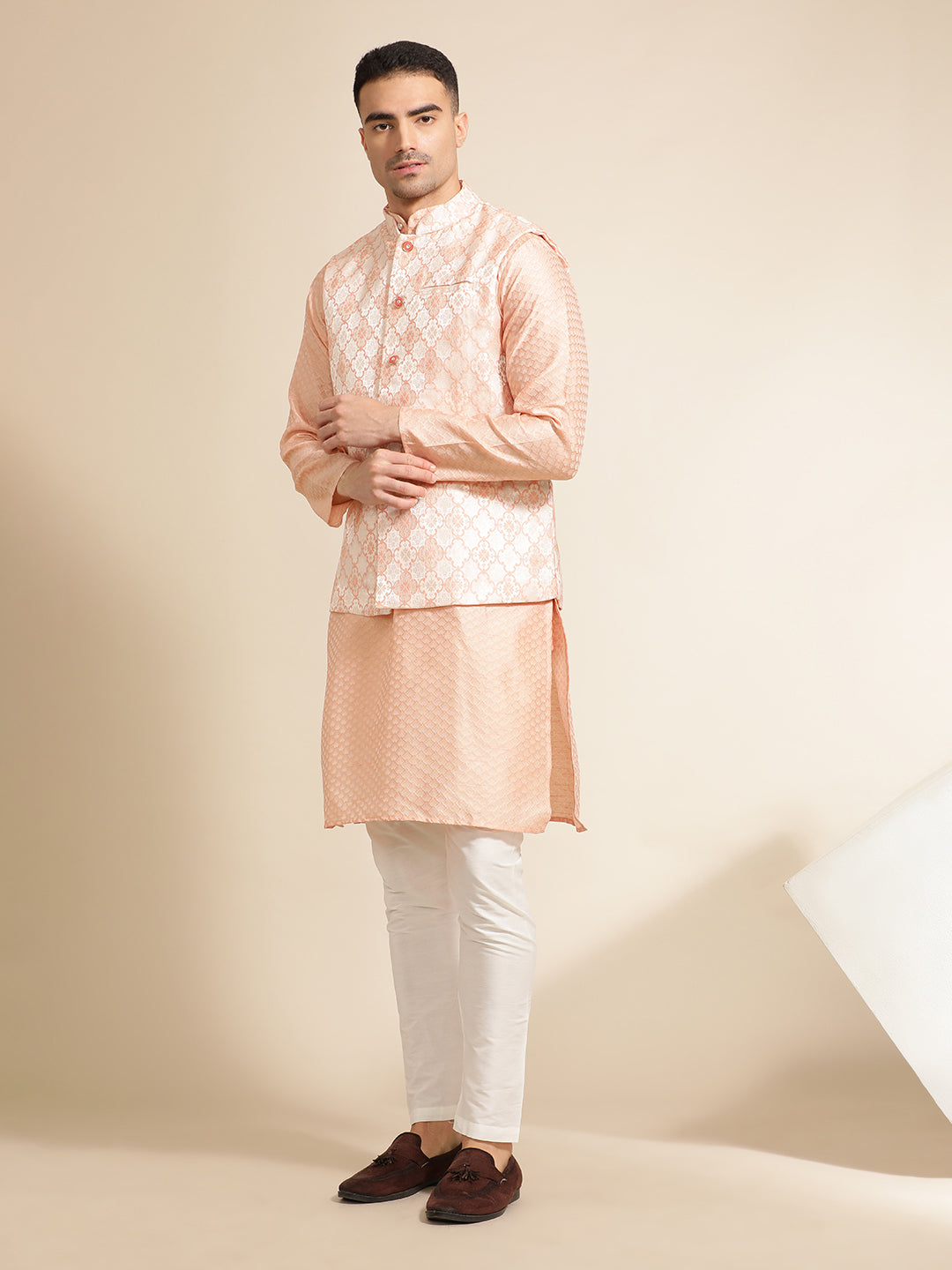 Peach Silk Blend Kurta With Woven Design Nehru Jacket Set