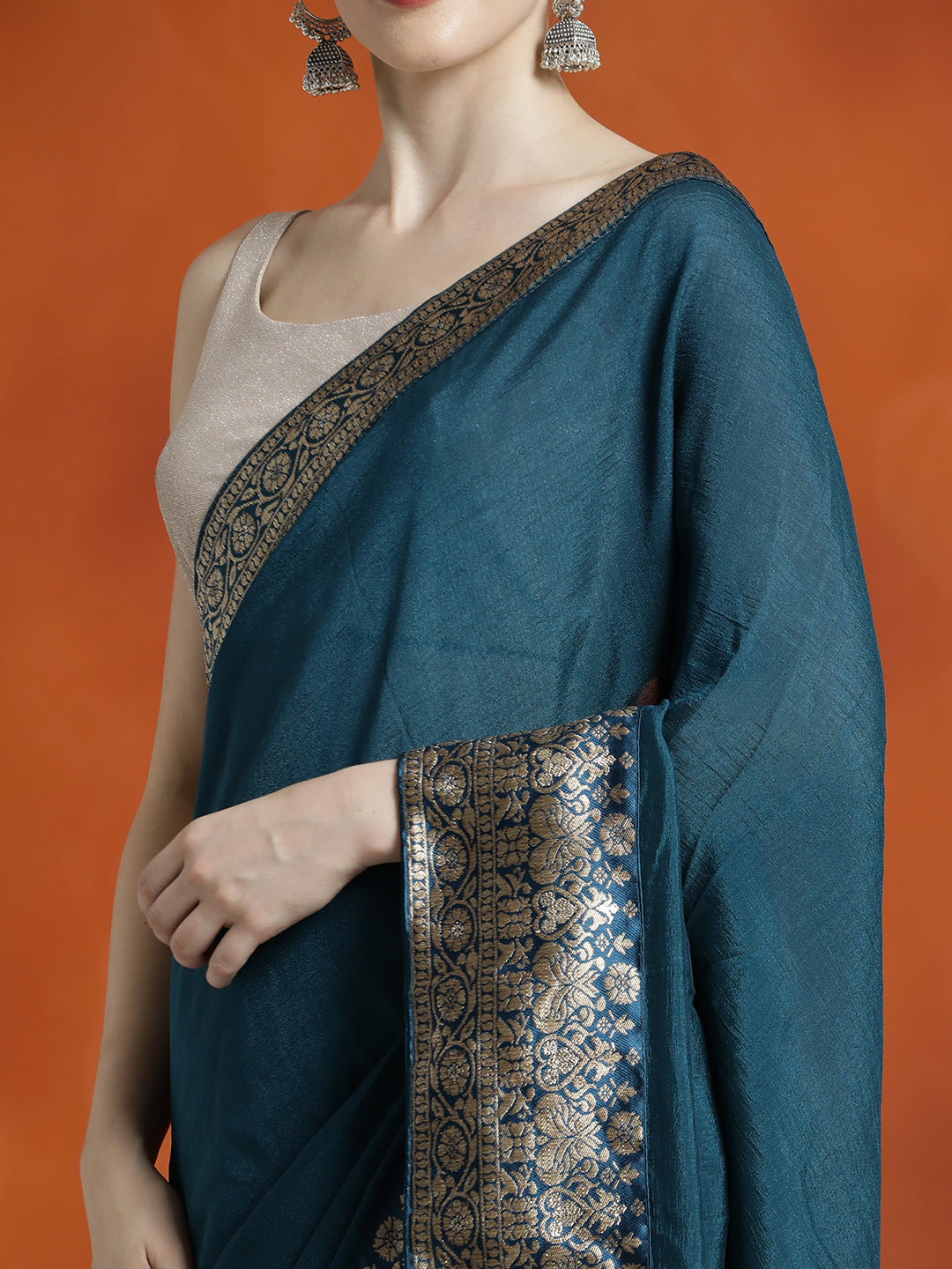 Teal Silk Blend Zari Woven Party Wear Saree