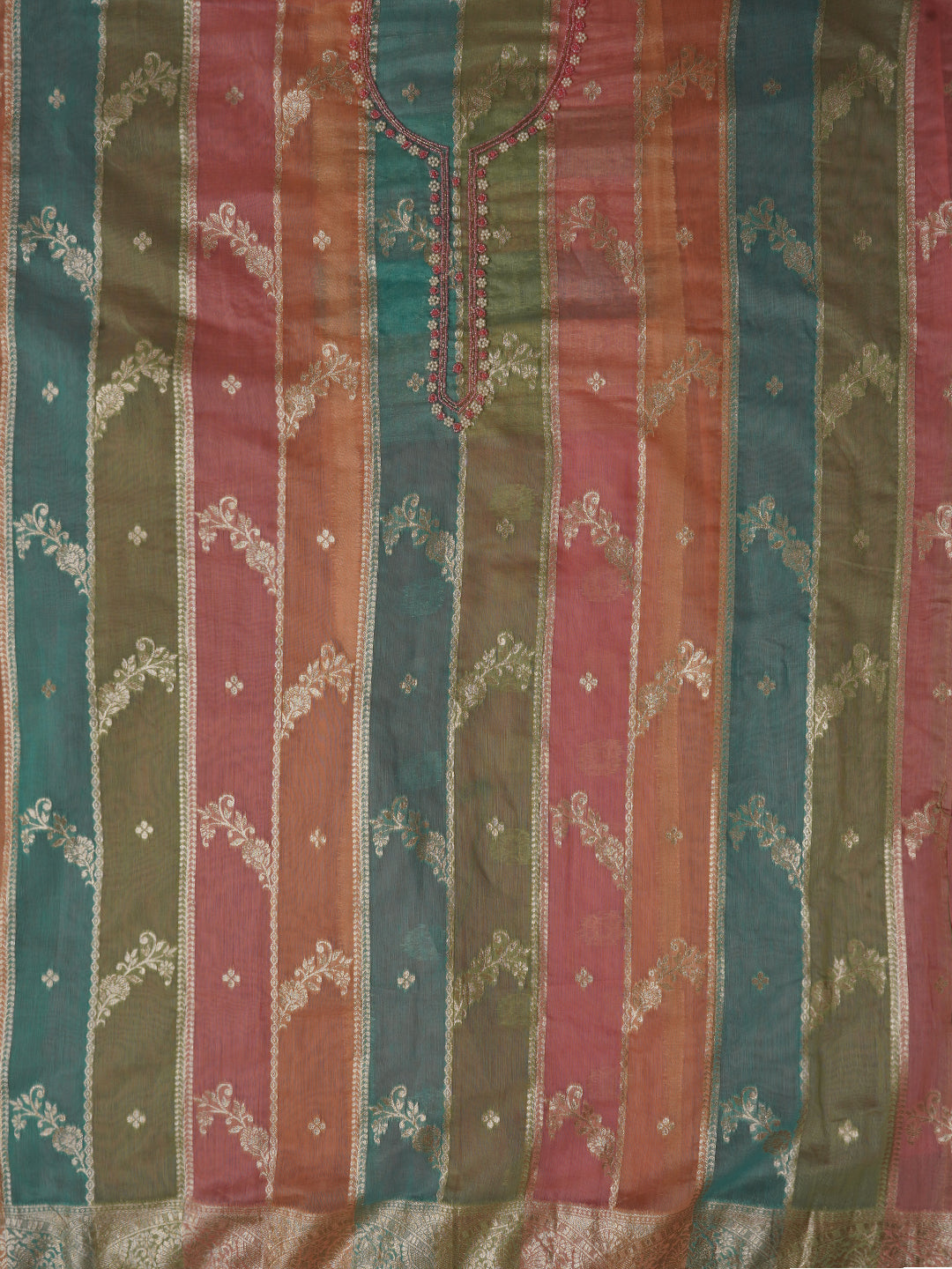 Multi Color Zari Woven Silk Blend Embellished Dress Material With Dupatta