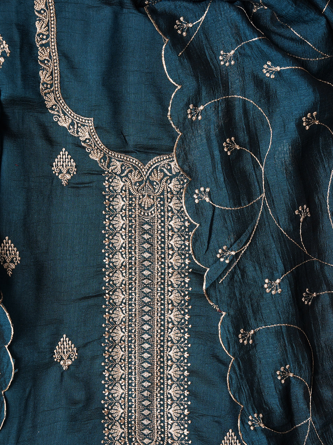 Teal Unstitched Embroidered Silk Blend Dress Material With Dupatta