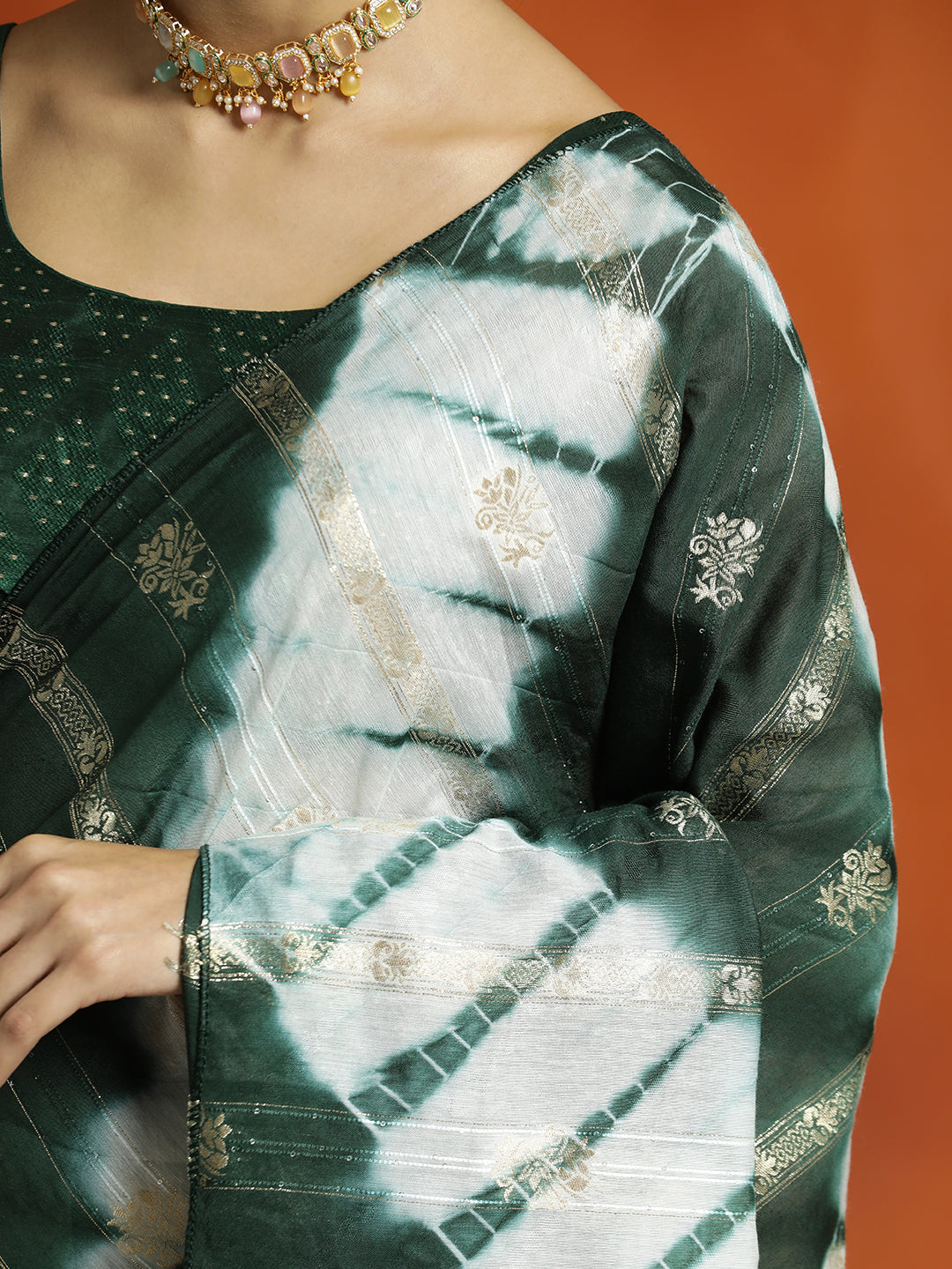 Green Banarasi Cotton Blend Tie-Dye Saree