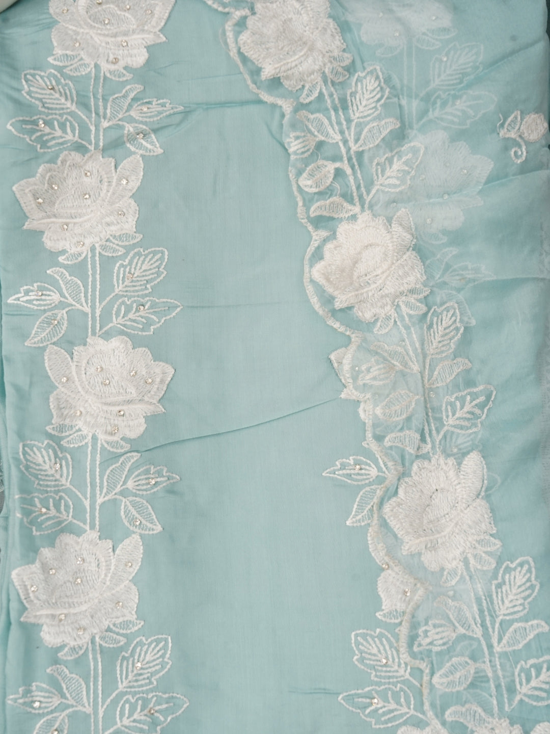 Teal Blue Unstitched Floral Embroidery Silk Blend Dress Material with Dupatta