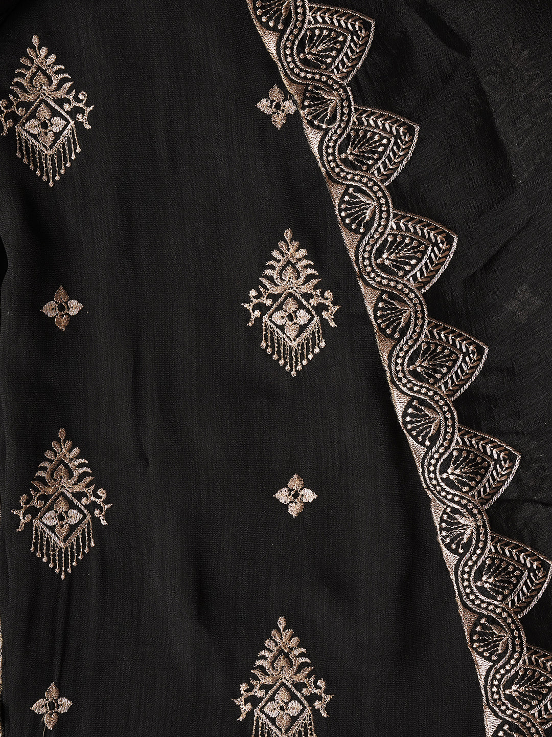 Black Unstitched Embroidered Silk Blend Dress Material With Dupatta