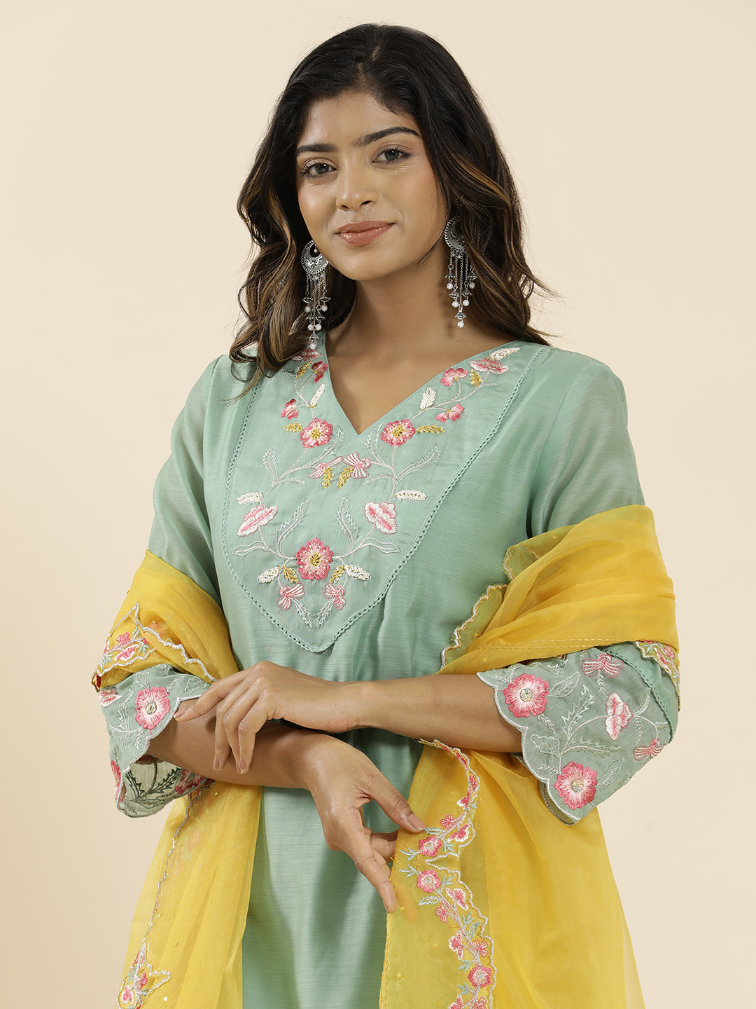 Sea Green Aari Work Straight Kurta With Pants And Dupatta