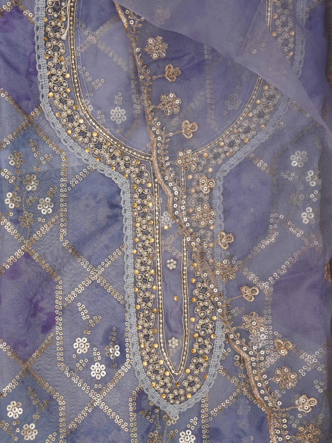 Lavender Sequin Embroidered Organza Dress Material with Dupatta