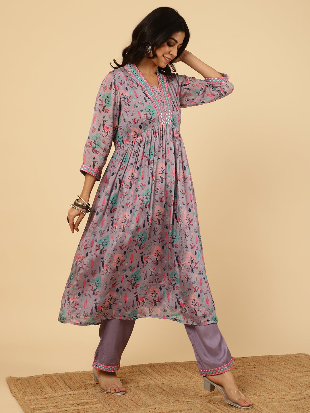 Lavender Mirror Embroidered Festive Kurta Set