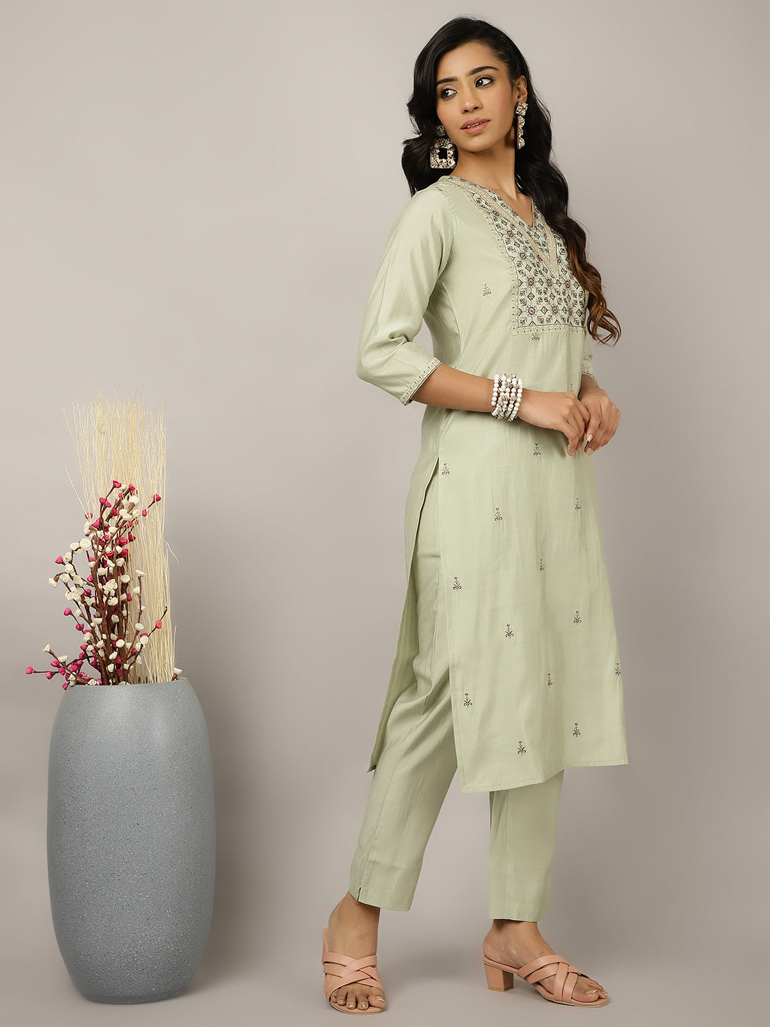 Mint Green Silk Blend Embroidered Suit Set