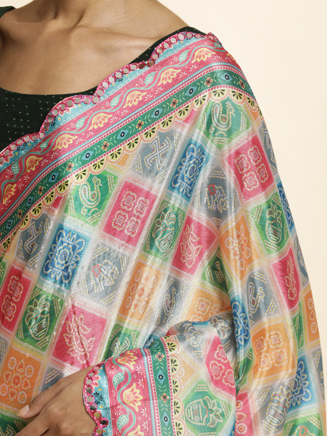 Multicolor Floral Printed Mirror Work Satin Saree