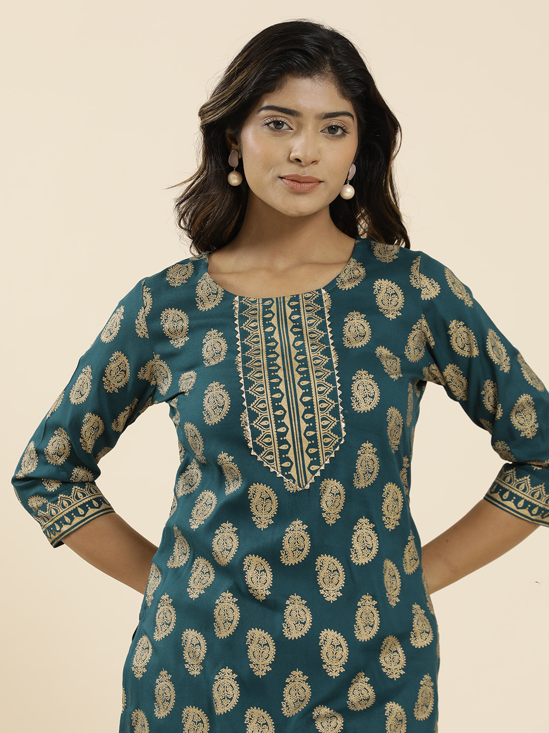 Teal Blue Ethnic Motif Printed Straight Kurta