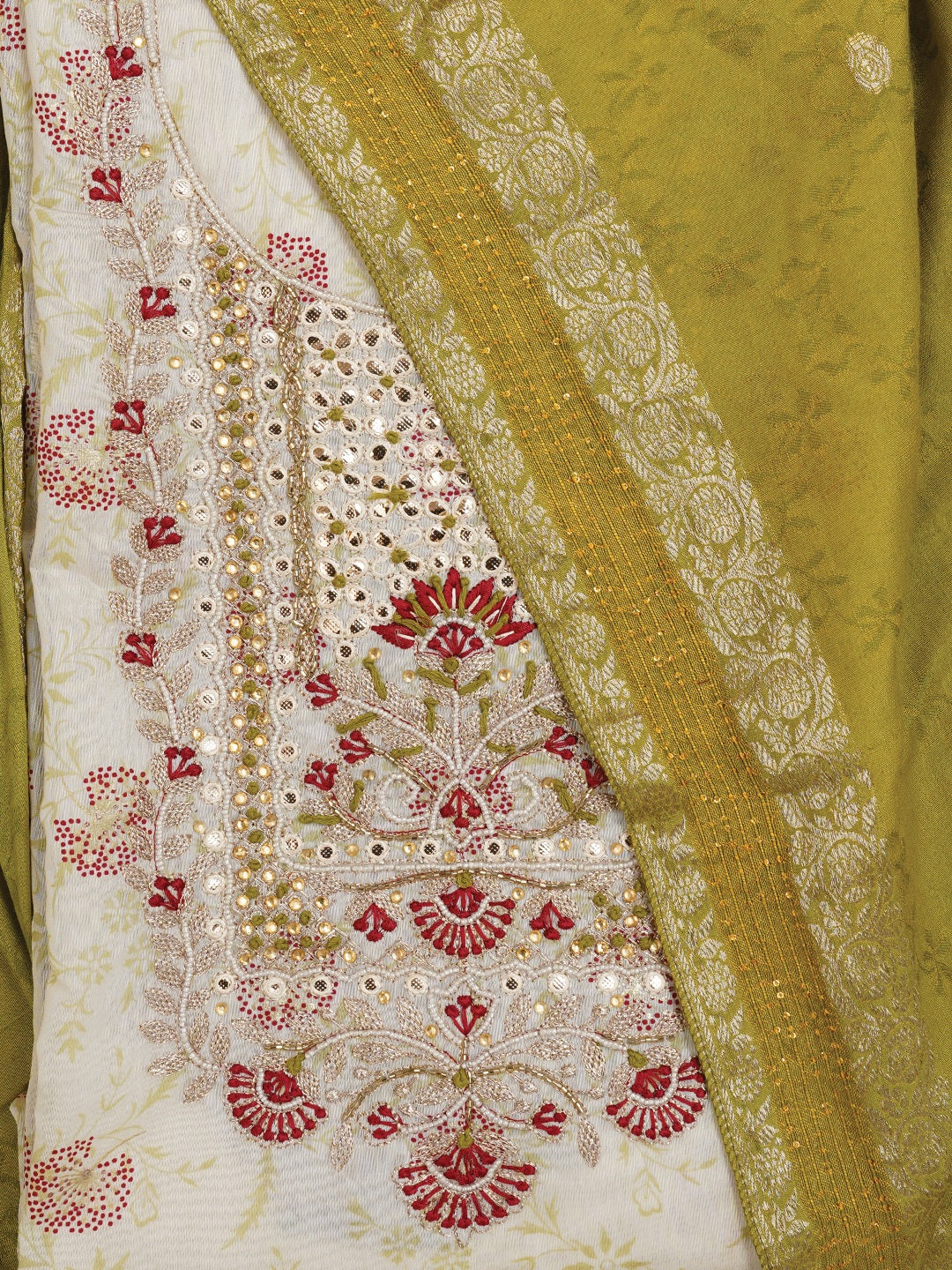 Festive Off White Silk Blend Zari Woven Dress Material With Dupatta