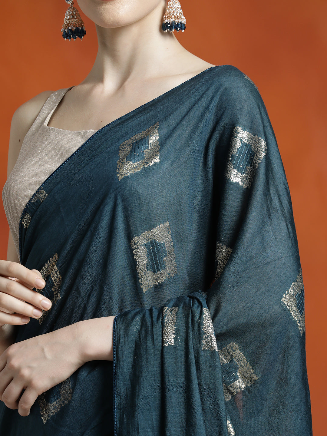 Banarasi Teal Zari Woven Cotton Blend Saree