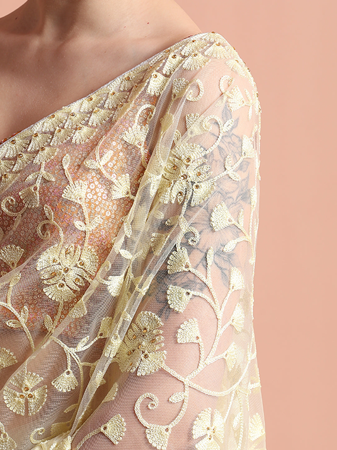 Party Wear Floral Cream Embroidered Net Saree