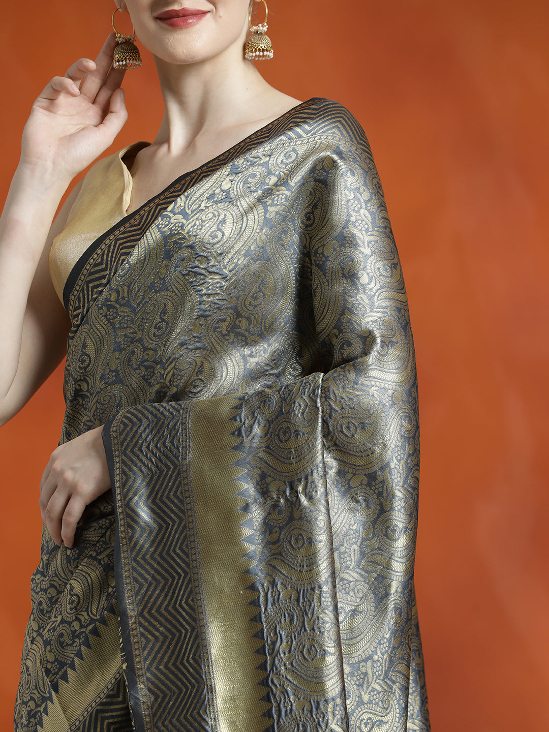 Heavy Banarasi Zari Woven Silk Blend Grey Saree