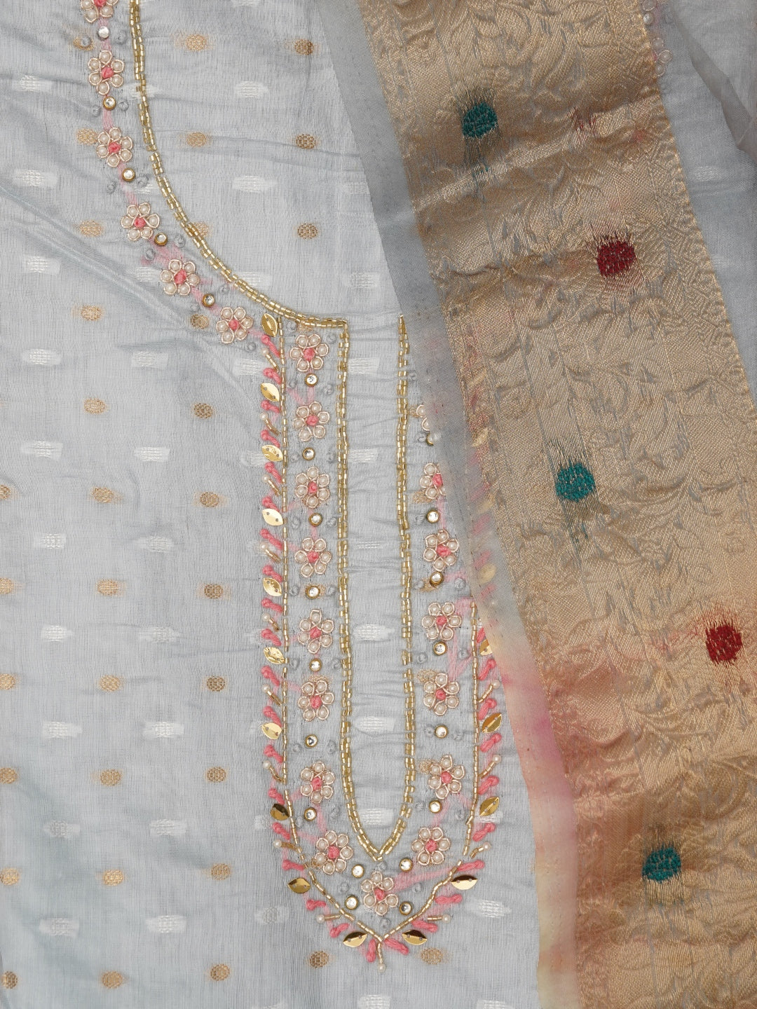 Grey Cotton Blend Embellished Dress Material with Dupatta