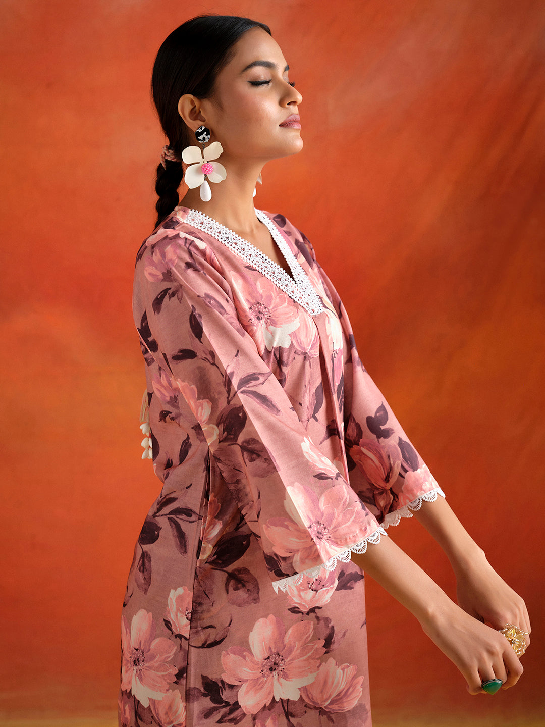 Peach Floral Printed A-line Kurta