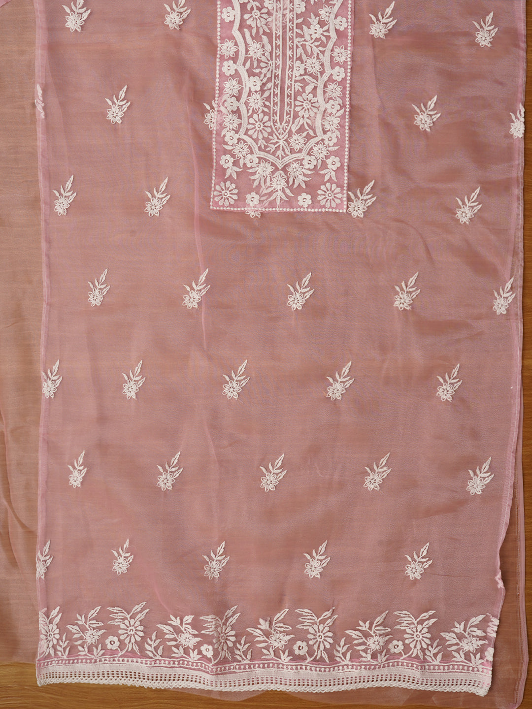 Baby Pink Thread Embroidered Organza Festive Dress Material with Dupatta