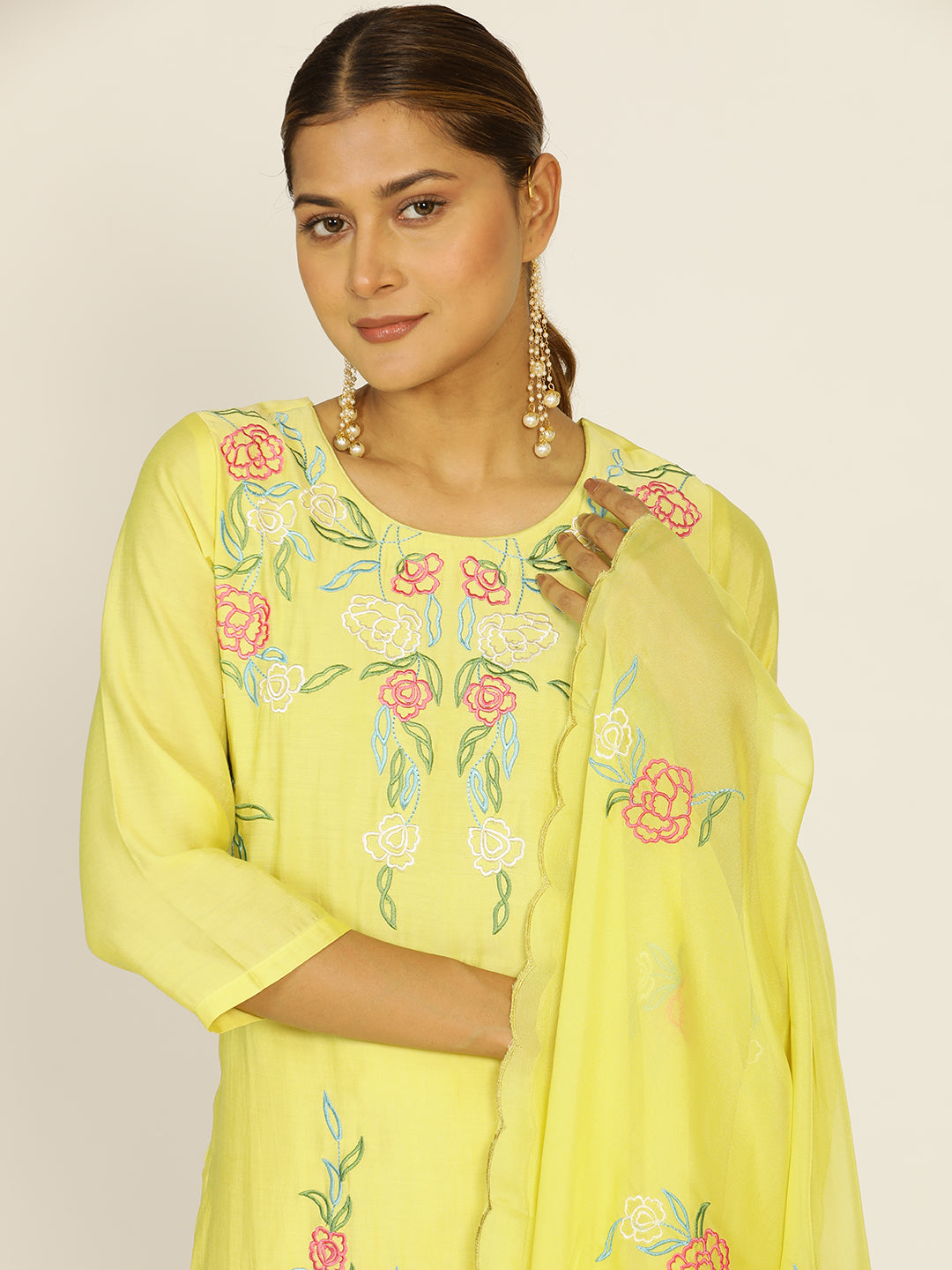 Lime Green Resham Embroidered Chanderi Festive Suit Set