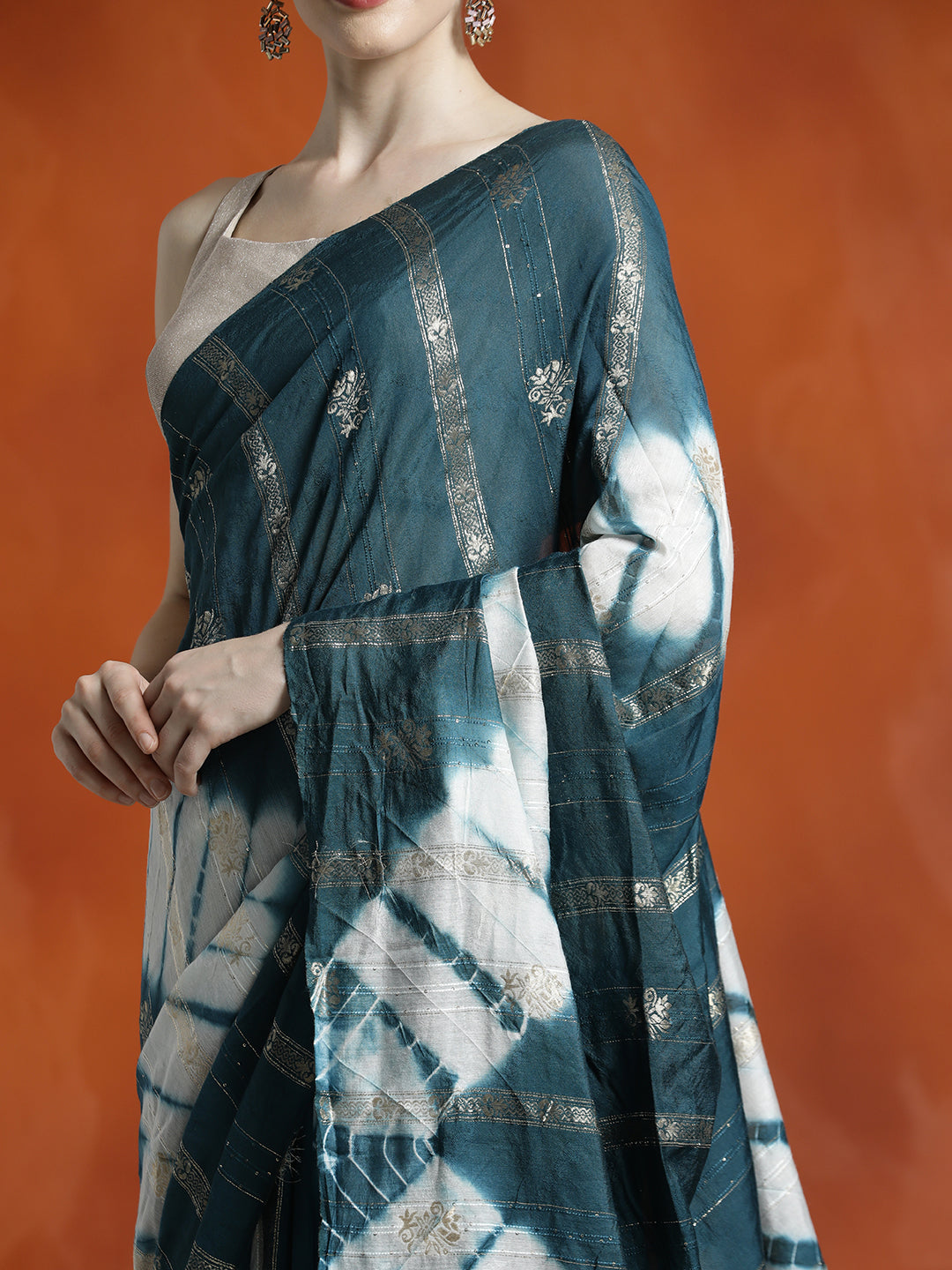 Teal Banarasi Zari Woven Cotton Blend Teal Saree