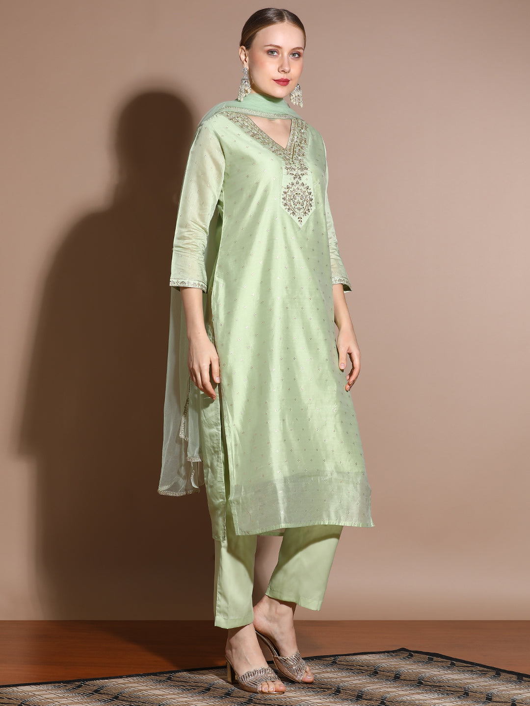 Pista Green Chanderi Woven Design Festive Kurta Set With Dupatta